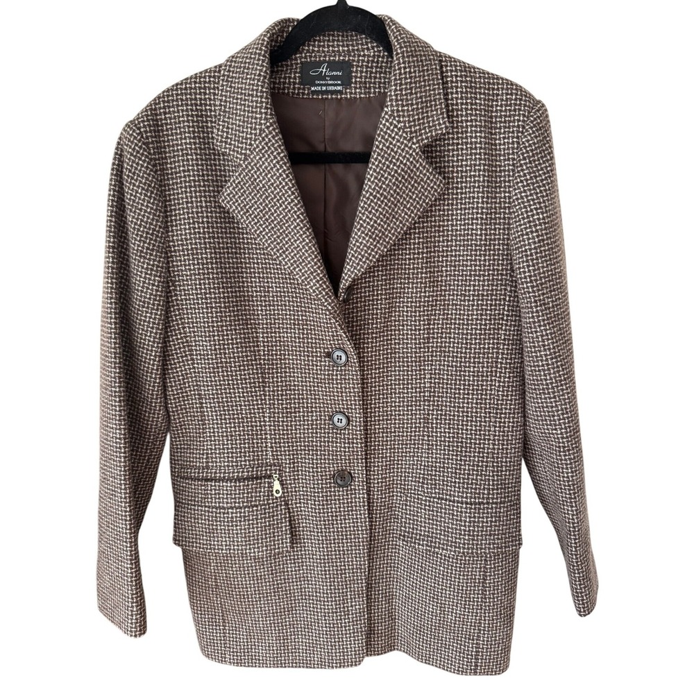 Vintage Y2K Alanni Donnybrook Wool‎ Blazer Brwn Houndstooth Jacket Academia S 12